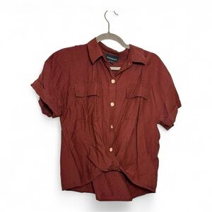Fortune + Ivy Raisin Brown Tie Front Button Blouse Classic Office Size Medium